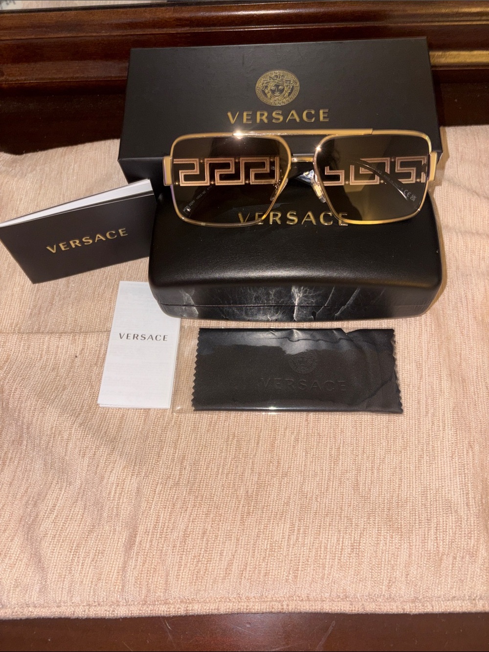 Versace Gold Black Medusa Greek Key Aviator Sunglasses